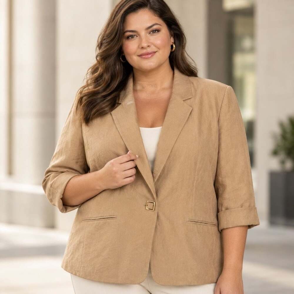 Kasper Blazer Size 22W Tan Linen Blend One Button 3/4 Sleeve